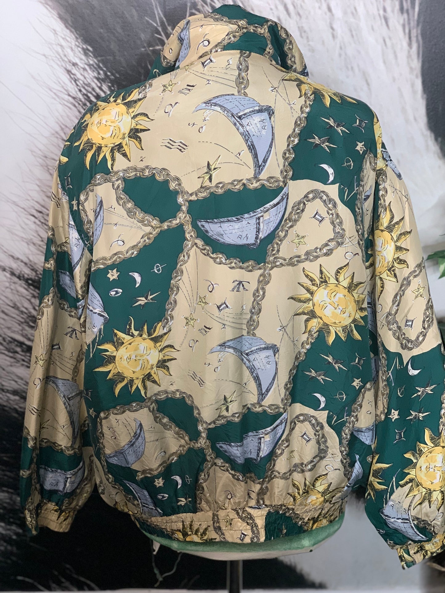 Vtg 80s COACO Silk NOVELTY Astrology Nautical Windbreaker Bomber Jacket