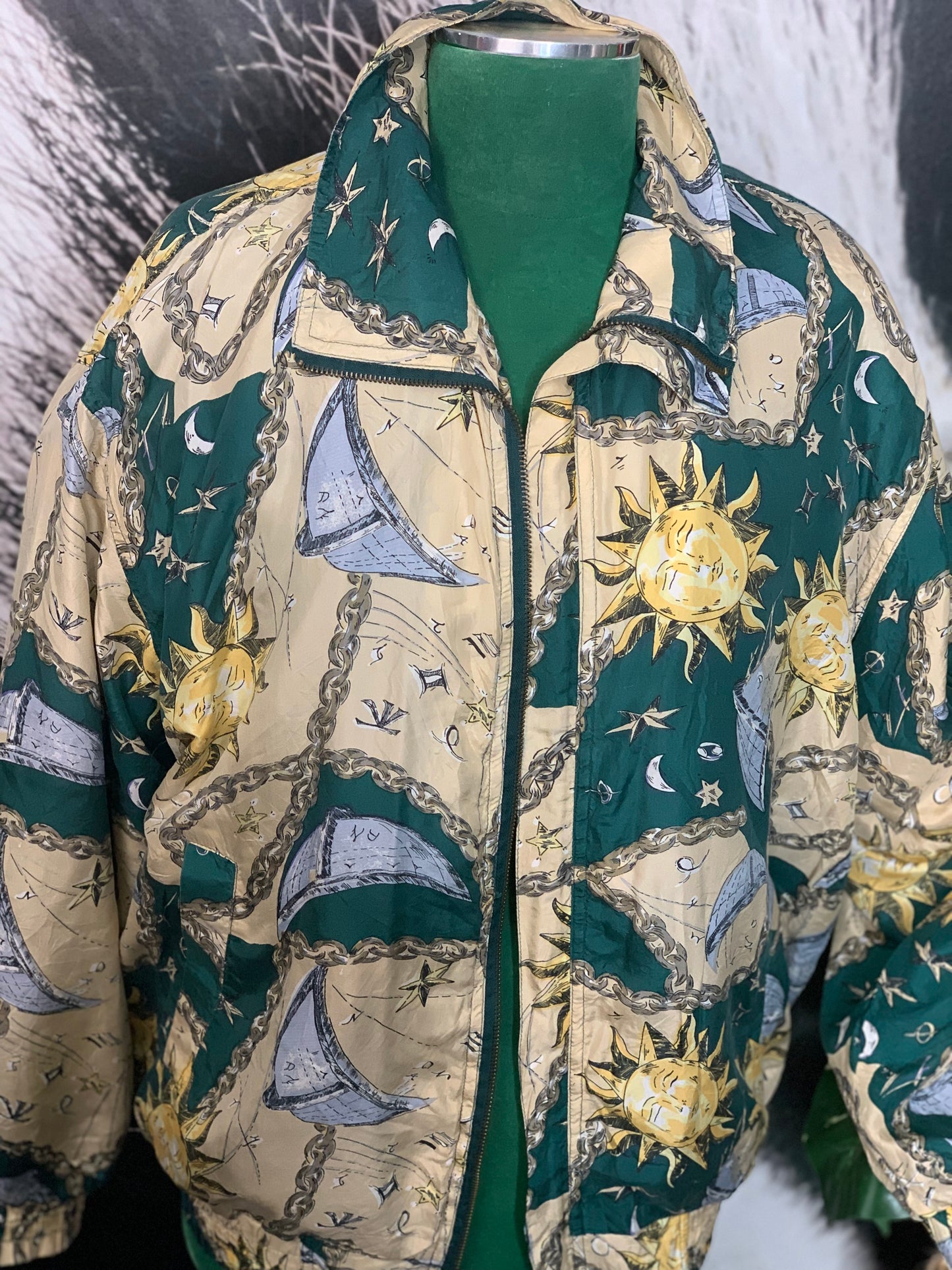 Vtg 80s COACO Silk NOVELTY Astrology Nautical Windbreaker Bomber Jacket