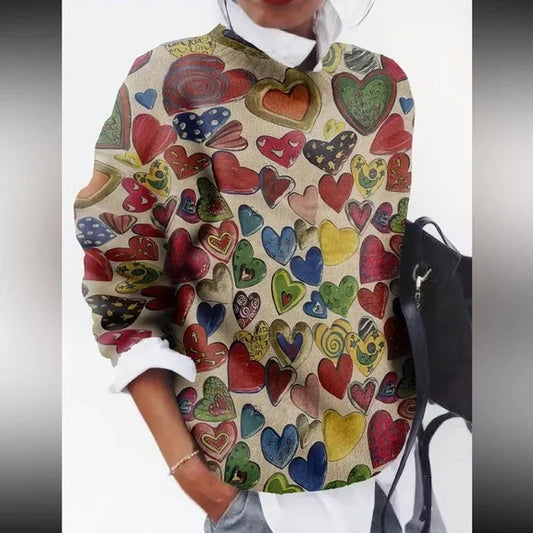 Women's Long Sleeve Sweater with Colorful Heart Print