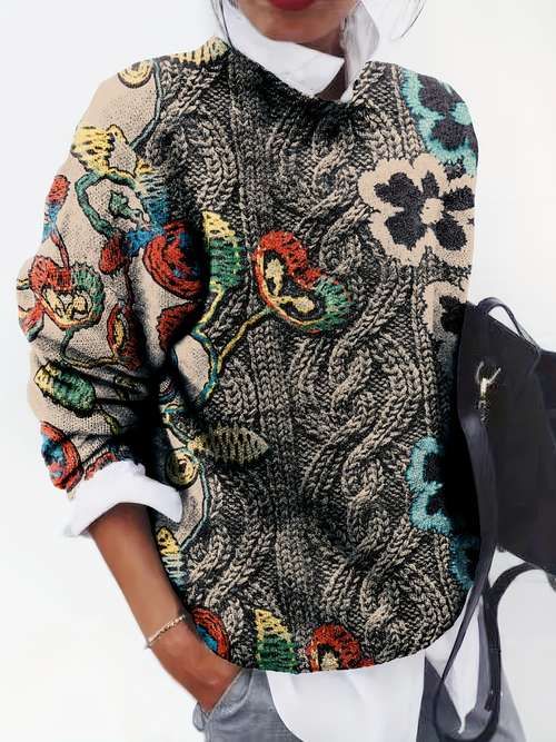 Women'S Long Sleeve Sweater with Colorful Floral Print