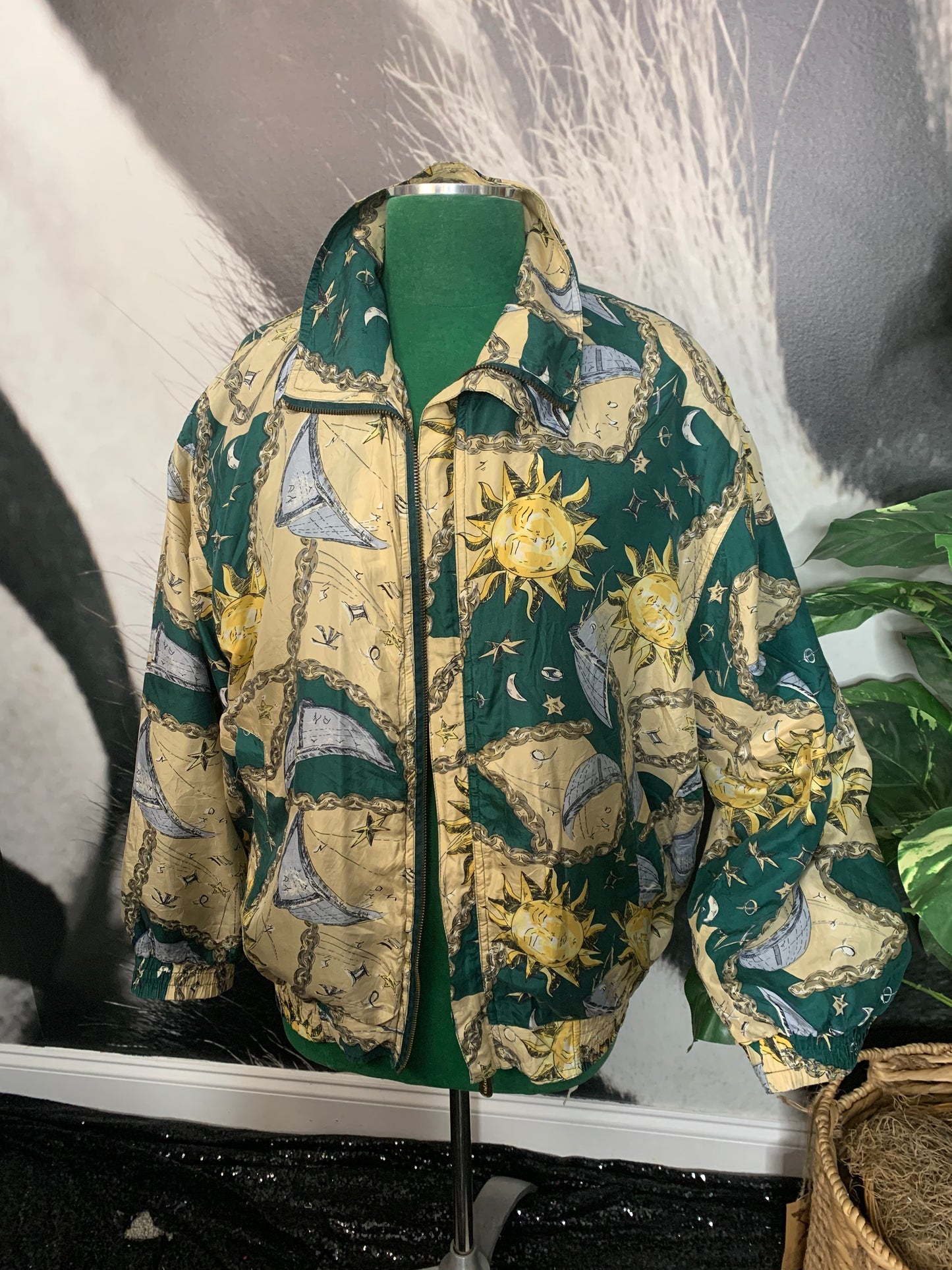 Vtg 80s COACO Silk NOVELTY Astrology Nautical Windbreaker Bomber Jacket