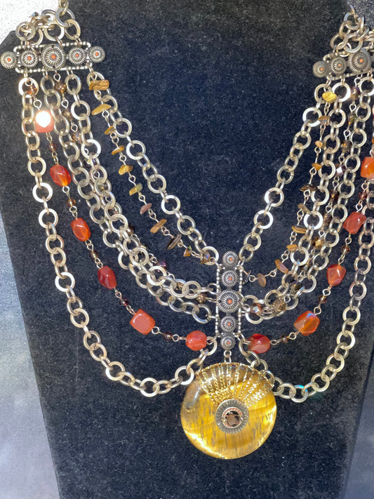 Chicos Gladiator Medallion Signed Goldtone Red Beads 7 Strands 18" Necklace