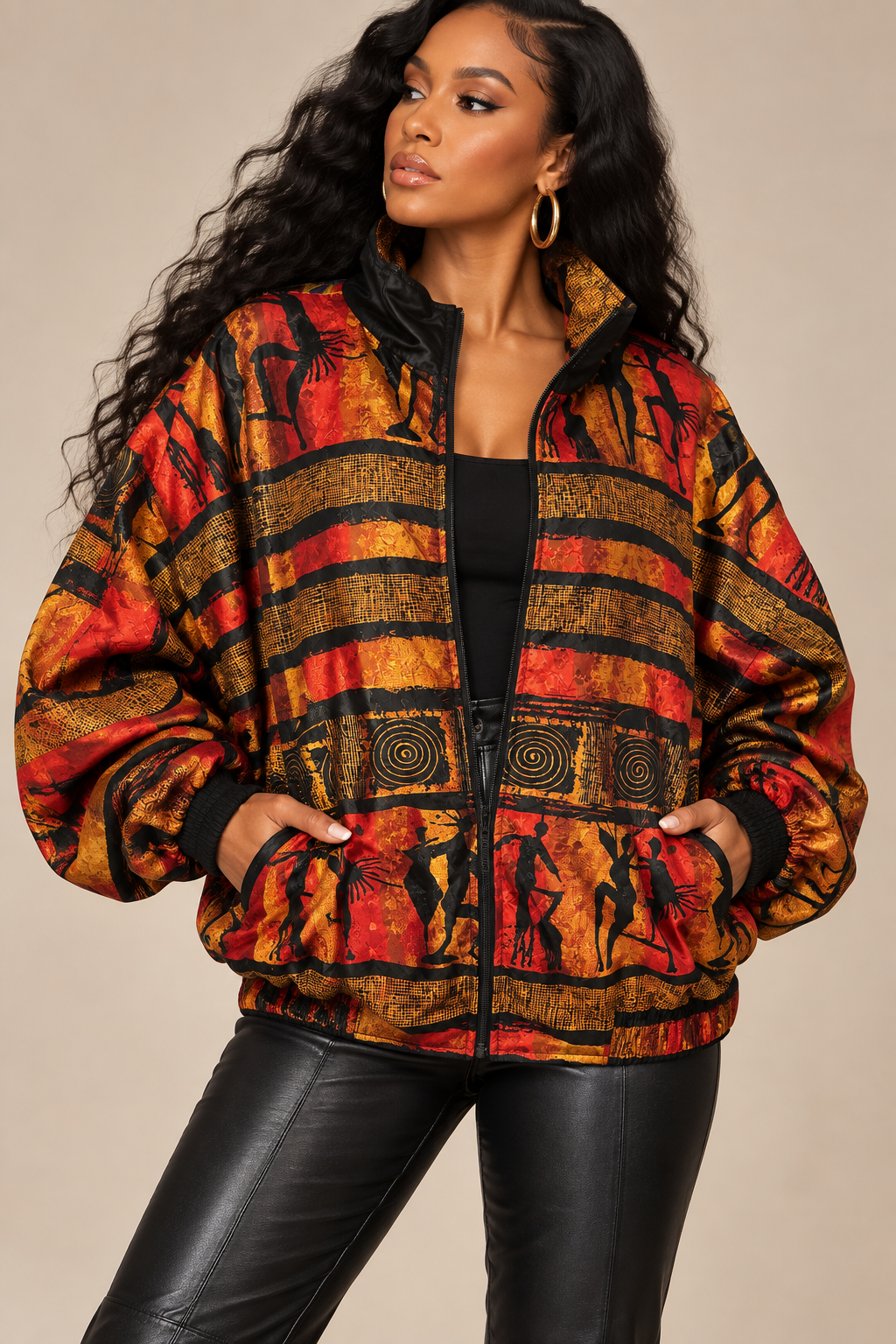 Vntg. Silk Bomber Jacket Tribal Print