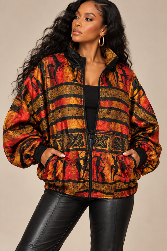 Vntg. Sold Out Silk Bomber Jacket Tribal Print