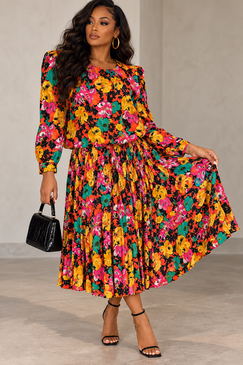 Vintage Passports Bright Floral Long Sleeve Dress 1990