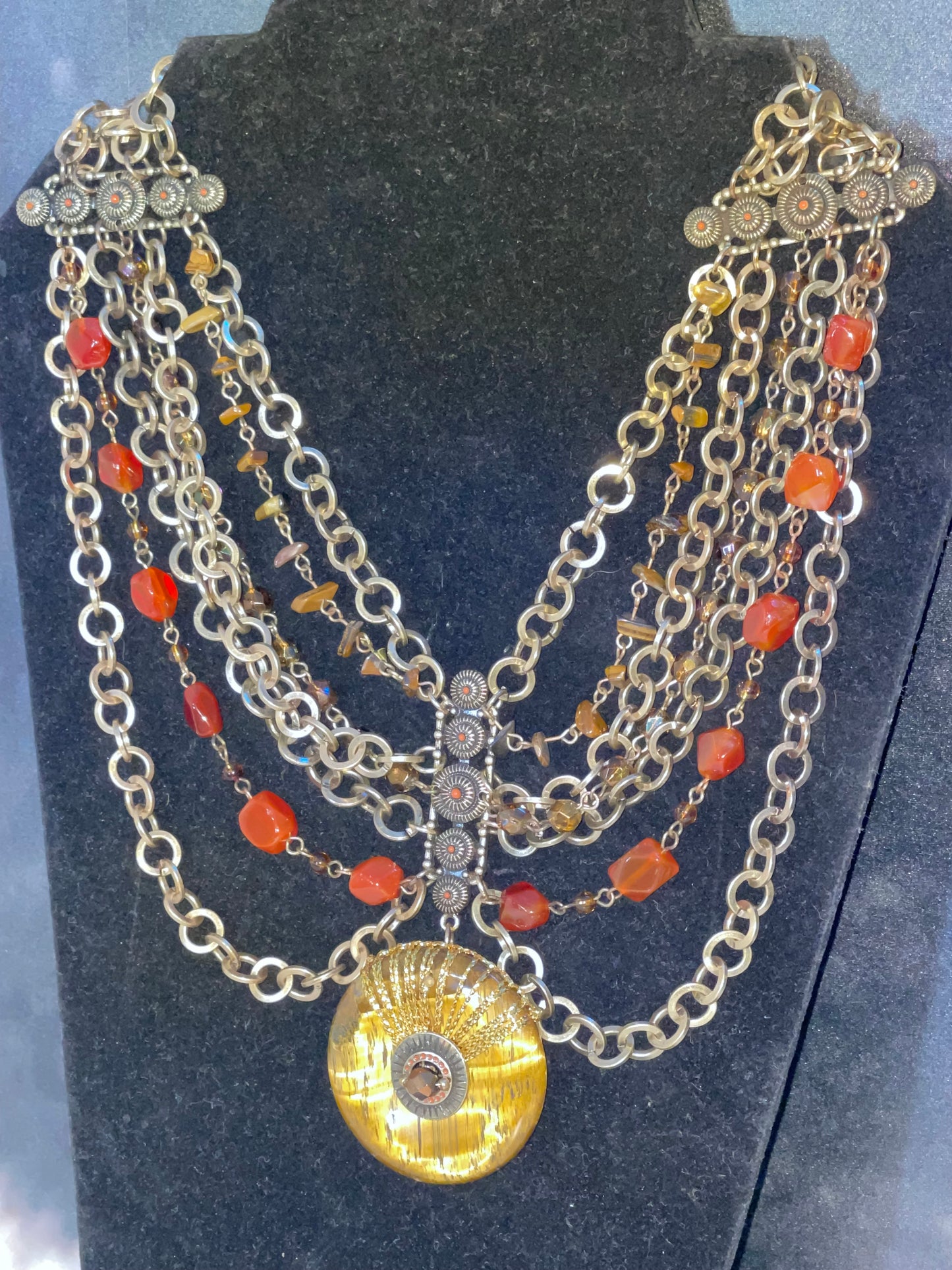 Chicos Gladiator Medallion Signed Goldtone Red Beads 7 Strands 18" Necklace