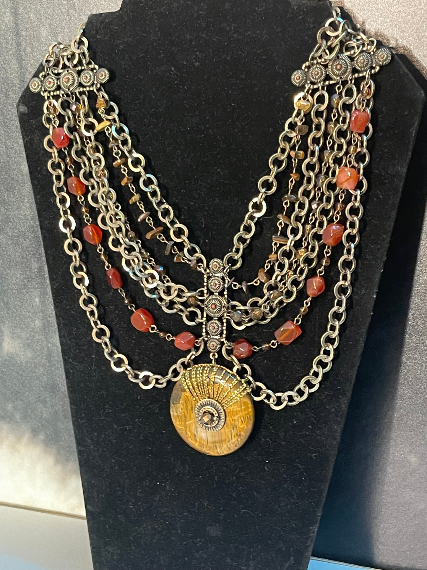 Chicos Gladiator Medallion Signed Goldtone Red Beads 7 Strands 18" Necklace