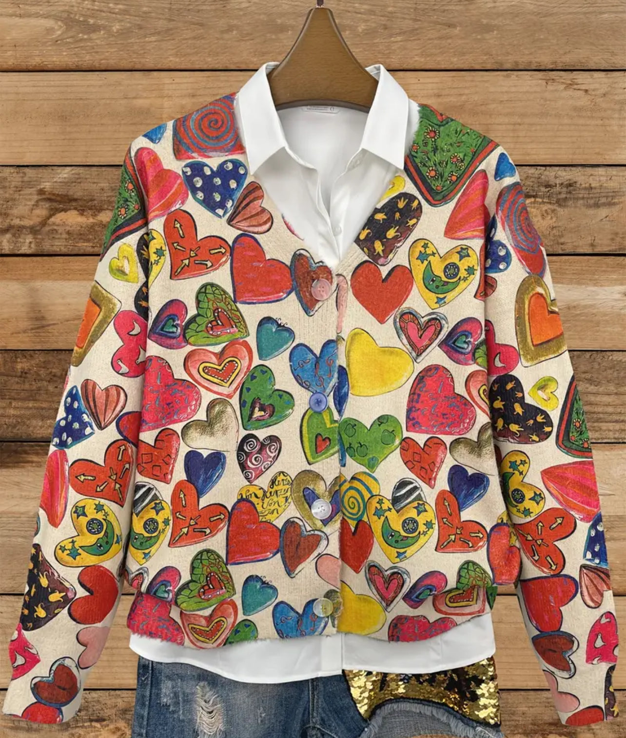 Women's Long Sleeve Sweater with Colorful Heart Print
