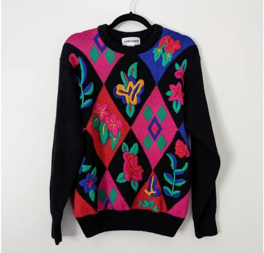 Vintage 80s 90s Argyle Floral Black Multicolor Pullover Sweater