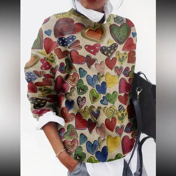 Women's Long Sleeve Sweater with Colorful Heart Print
